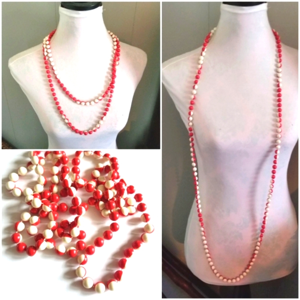 Vintage long beads necklace red white half and half ball beaded buoy